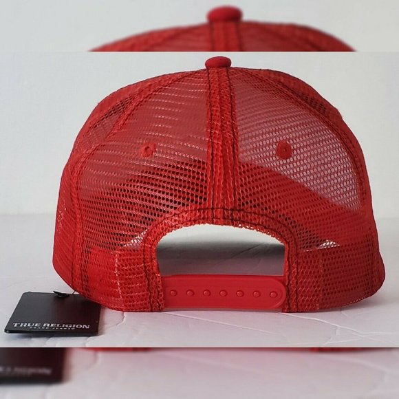 TRUE RELIGION ALLOVER HORSESHOE TRUE TRUCKER HAT MEN'S ADJUSTABLE OS BLACK/RED - Picture 9 of 10